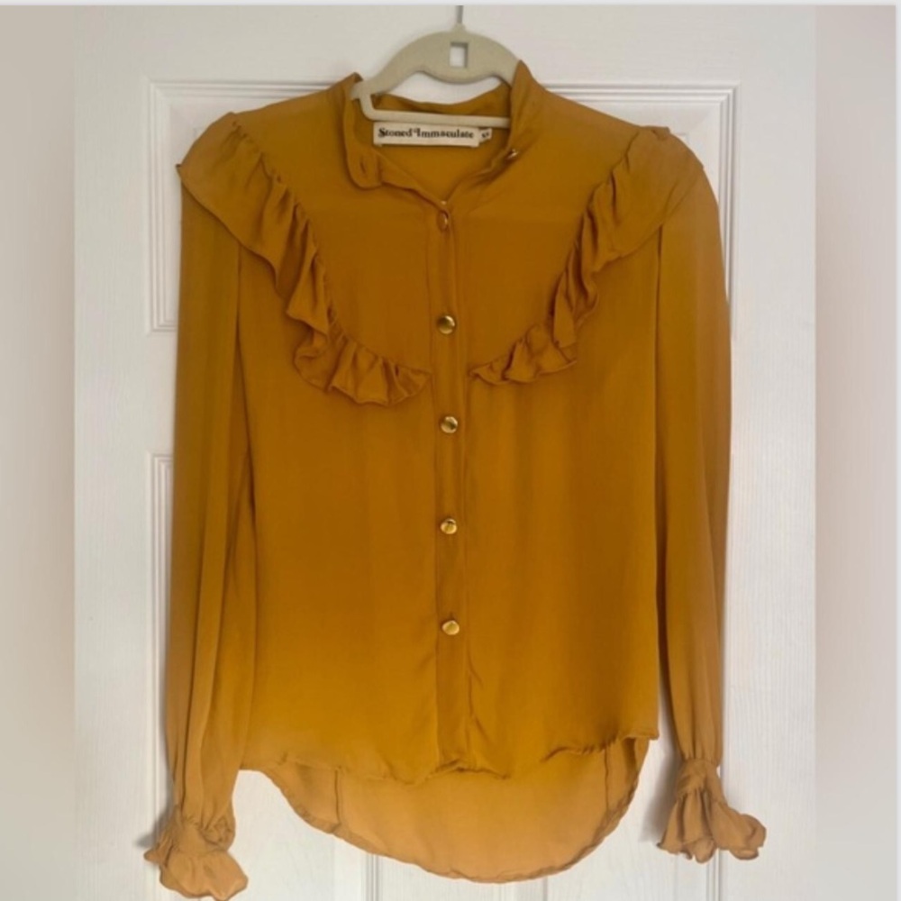 XS Stoned Immaculate Brigitte Long Sleeve Mock Neck Button-Up Ruffle Blouse